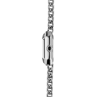 Vue profil de la montre Octogône – quartz carré – acier & nacre blanche