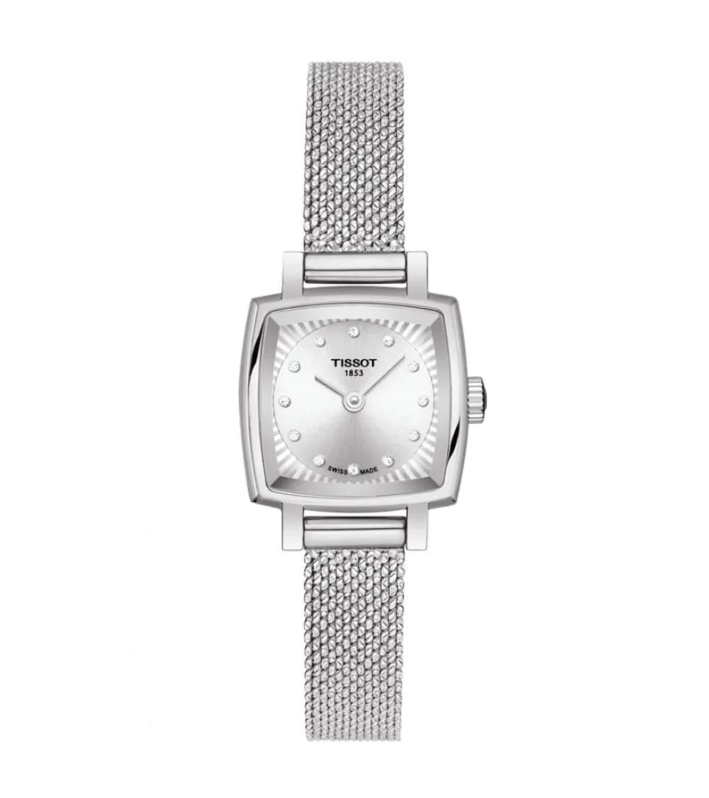 Tissot T-Lady Lovely Square quartz acier cadran argenté bracelet maille milanaise
