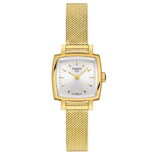 Tissot T-Lady Lovely Square quartz cadran argenté bracelet maille milanaise acier PVD doré