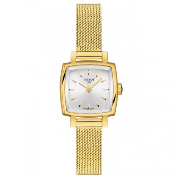 Tissot T-Lady Lovely Square quartz cadran argenté bracelet maille milanaise acier PVD doré