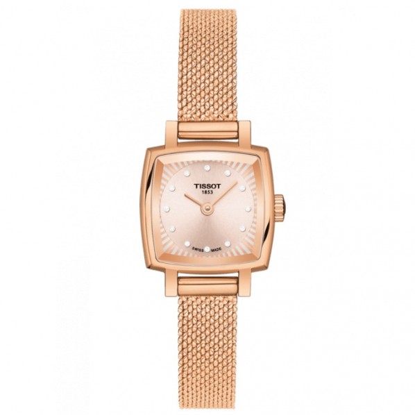 Tissot T-Lady Lovely Square quartz acier PVD doré rose bracelet maille milanaise