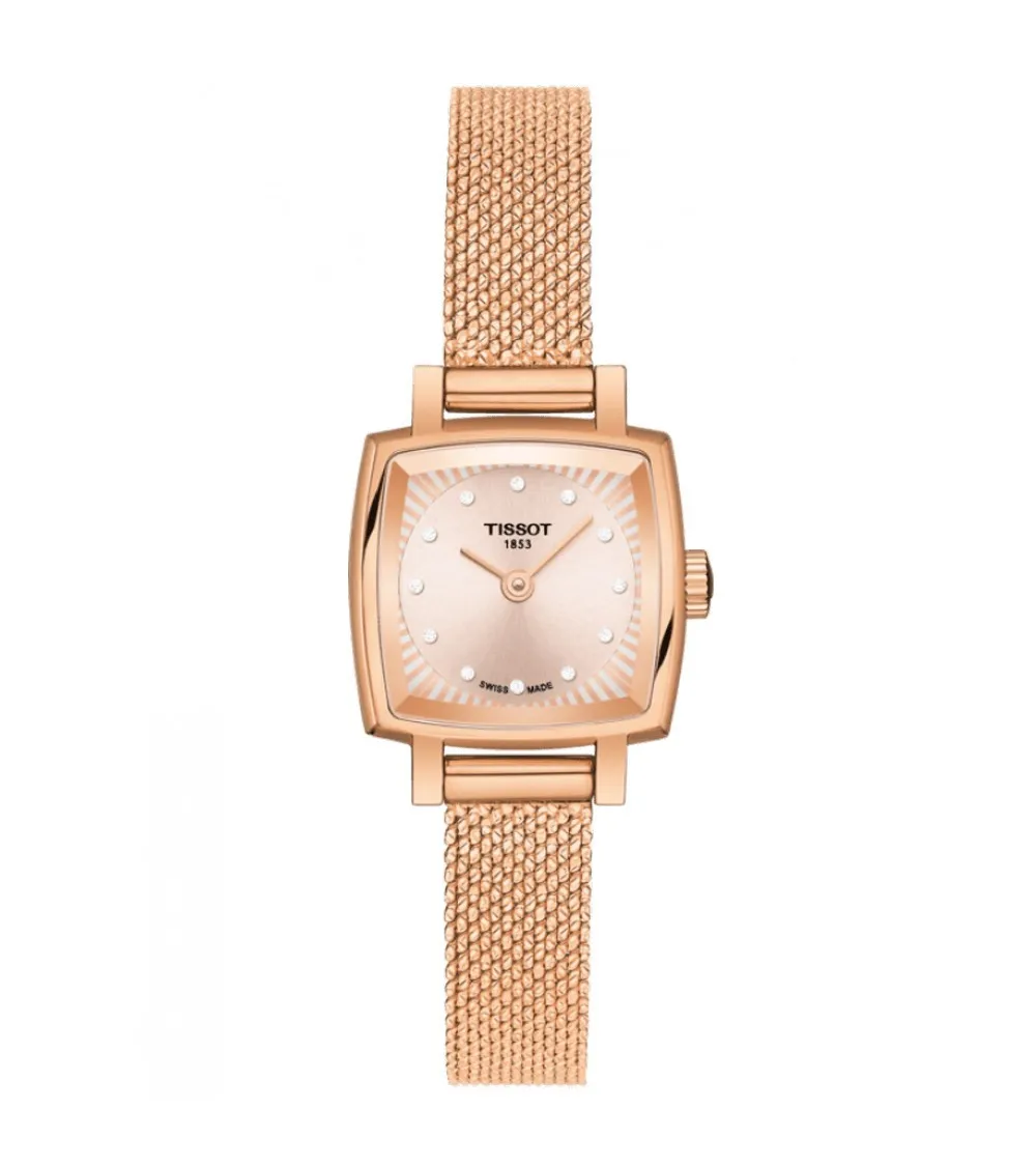Tissot T-Lady Lovely Square quartz acier PVD doré rose bracelet maille milanaise