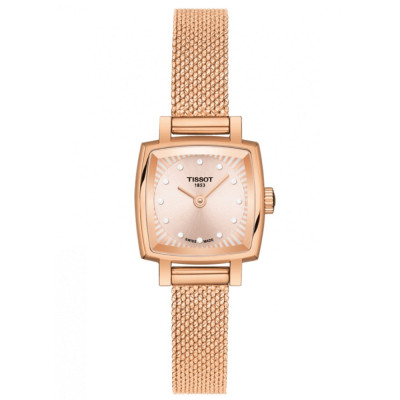Tissot T-Lady Lovely Square quartz acier PVD doré rose bracelet maille milanaise