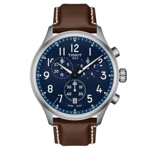 TISSOT CHRONO XL VINTAGE quartz cadran bleu bracelet cuir marron 45 mm