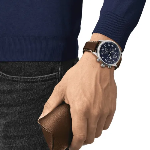 TISSOT CHRONO XL VINTAGE quartz cadran bleu bracelet cuir marron 45 mm