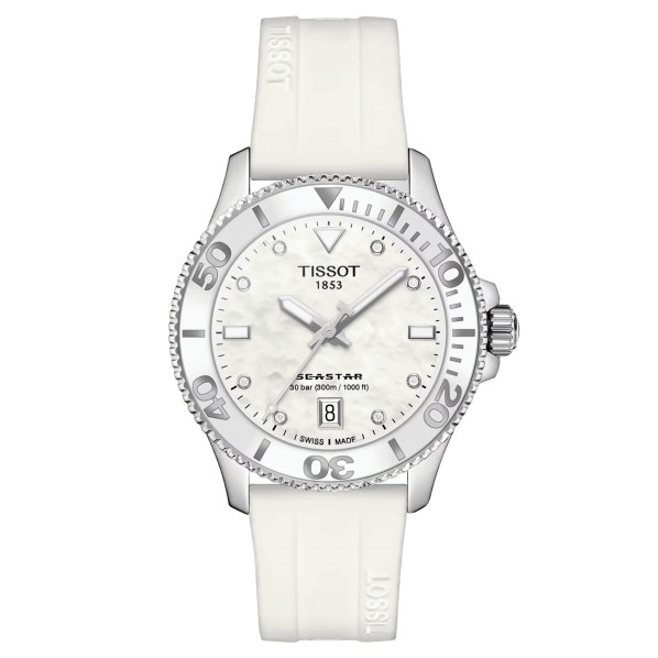 TISSOT SEASTAR 1000 quartz index diamants cadran nacre blanche bracelet caoutchouc blanc 36 mm