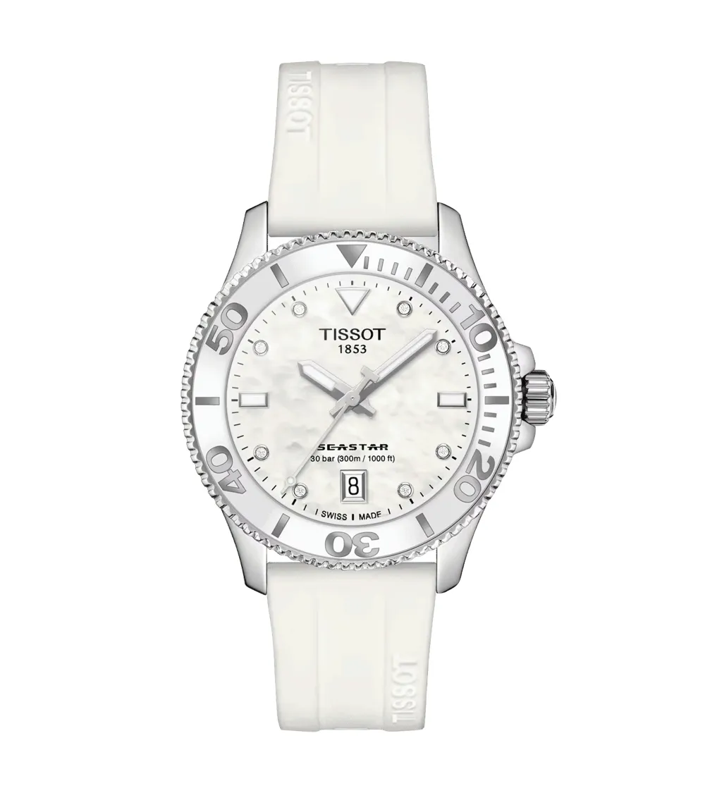 TISSOT SEASTAR 1000 quartz index diamants cadran nacre blanche bracelet caoutchouc blanc 36 mm