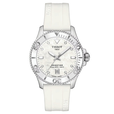 TISSOT SEASTAR 1000 quartz index diamants cadran nacre blanche bracelet caoutchouc blanc 36 mm