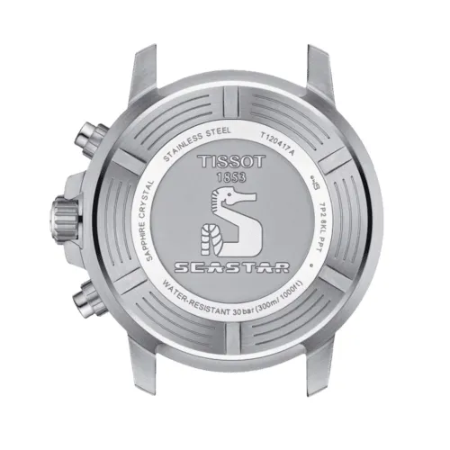 TISSOT SEASTAR  1000 Chronographe quartz lunette bleue et noire cadran noir bracelet synthétique noir et bleu 45,5 mm