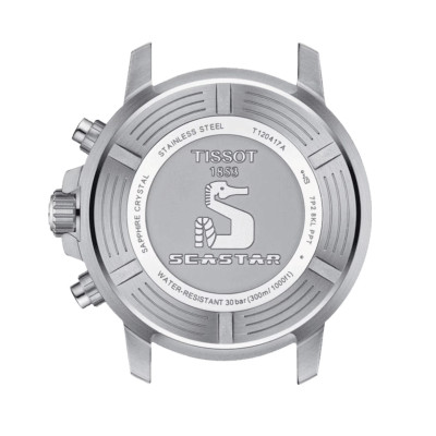 TISSOT SEASTAR  1000 Chronographe quartz lunette bleue et noire cadran noir bracelet synthétique noir et bleu 45,5 mm