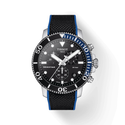 TISSOT SEASTAR  1000 Chronographe quartz lunette bleue et noire cadran noir bracelet synthétique noir et bleu 45,5 mm