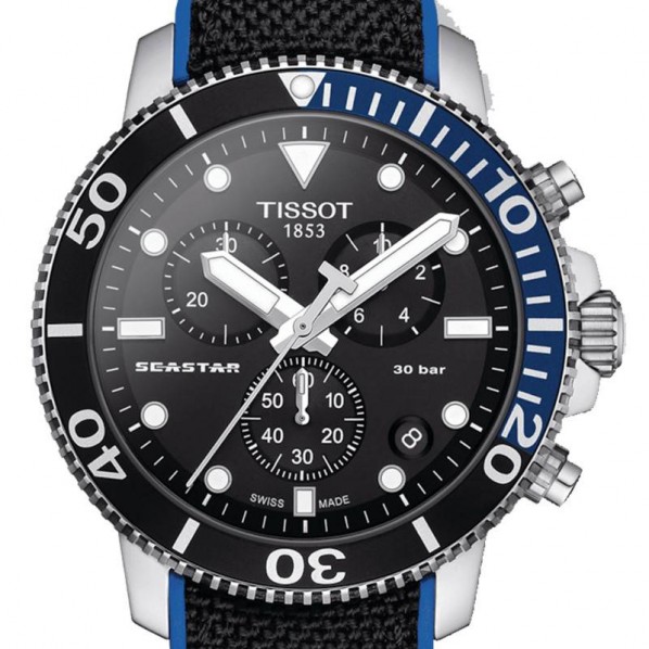 TISSOT SEASTAR  1000 Chronographe quartz lunette bleue et noire cadran noir bracelet synthétique noir et bleu 45,5 mm