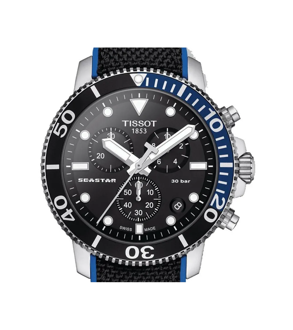 TISSOT SEASTAR  1000 Chronographe quartz lunette bleue et noire cadran noir bracelet synthétique noir et bleu 45,5 mm