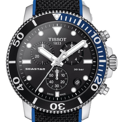 TISSOT SEASTAR  1000 Chronographe quartz lunette bleue et noire cadran noir bracelet synthétique noir et bleu 45,5 mm