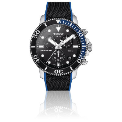 TISSOT SEASTAR  1000 Chronographe quartz lunette bleue et noire cadran noir bracelet synthétique noir et bleu 45,5 mm