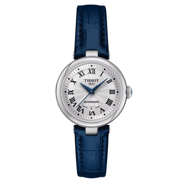 TISSOT BELLISSIMA AUTOMATIQUE CADRAN ARGENTÉ BRACELET CUIR BLEU  29 MM