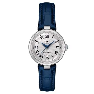 TISSOT BELLISSIMA AUTOMATIQUE CADRAN ARGENTÉ BRACELET CUIR BLEU  29 MM