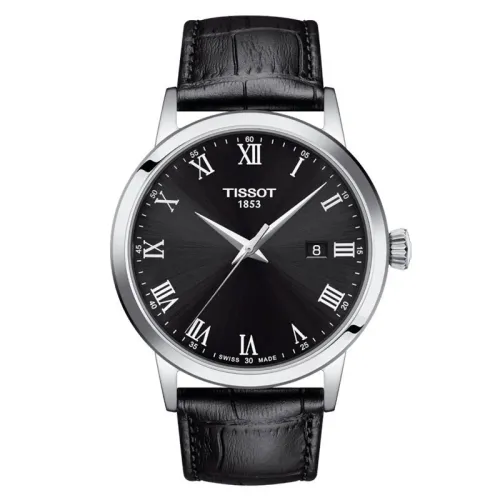 Tissot Classic Dream 42 mm – Montre élégante avec cadran noir et bracelet en cuir de vachette embossé façon alligator.
