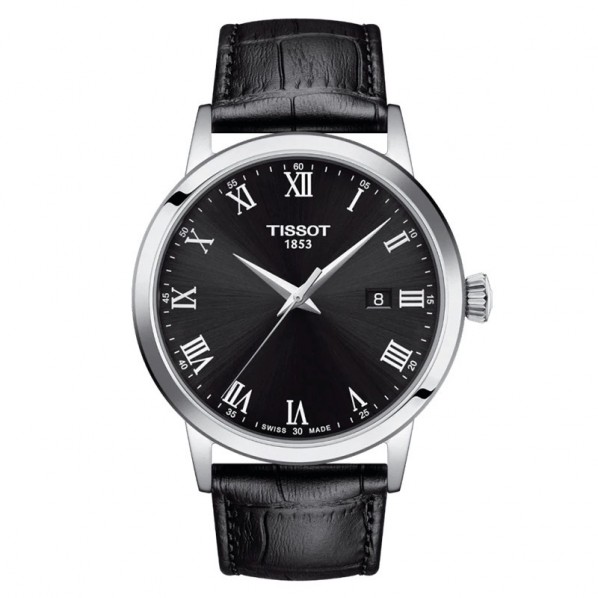 Tissot Classic Dream 42 mm – Montre élégante avec cadran noir et bracelet en cuir de vachette embossé façon alligator.