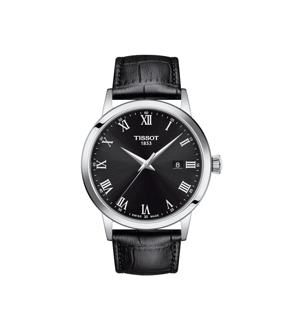 Tissot Classic Dream 42 mm – Montre élégante avec cadran noir et bracelet en cuir de vachette embossé façon alligator.