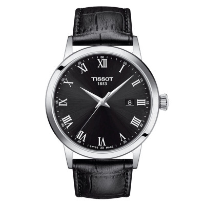 Tissot Classic Dream 42 mm – Montre élégante avec cadran noir et bracelet en cuir de vachette embossé façon alligator.