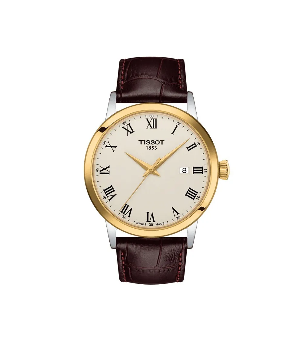 Vue complète de la montre Tissot T-Classic Dream – Cadran ivoire, bracelet en cuir brun.