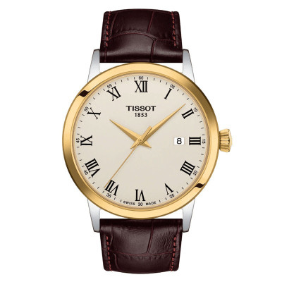 Vue complète de la montre Tissot T-Classic Dream – Cadran ivoire, bracelet en cuir brun.
