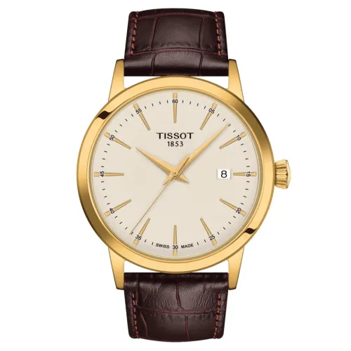 TISSOT T-CLASSIC DREAN GENTLEMAN BOITIER PVD OR JAUNE QUARTZ CADRAN IVOIRE BRACELET CUIR 42 MM