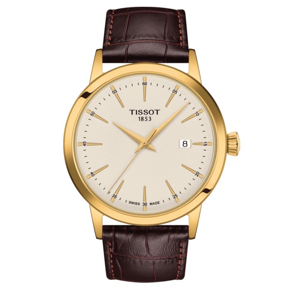TISSOT T-CLASSIC DREAN GENTLEMAN BOITIER PVD OR JAUNE QUARTZ CADRAN IVOIRE BRACELET CUIR 42 MM