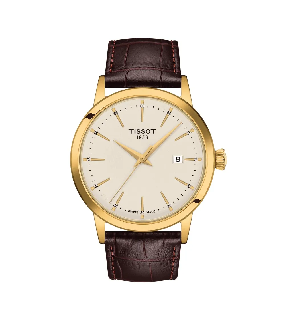 TISSOT T-CLASSIC DREAN GENTLEMAN BOITIER PVD OR JAUNE QUARTZ CADRAN IVOIRE BRACELET CUIR 42 MM