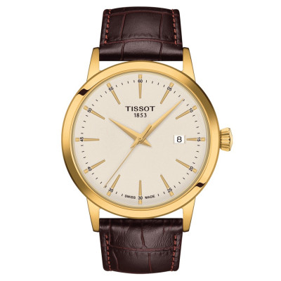 TISSOT T-CLASSIC DREAN GENTLEMAN BOITIER PVD OR JAUNE QUARTZ CADRAN IVOIRE BRACELET CUIR 42 MM