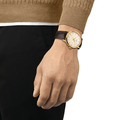 TISSOT T-CLASSIC DREAN GENTLEMAN BOITIER PVD OR JAUNE QUARTZ CADRAN IVOIRE BRACELET CUIR 42 MM