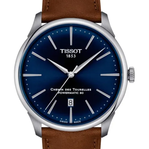 TISSOT T-CLASSIC CHEMIN DES TOURELLES POWERMATIC 80 CADRAN BLEU BRACELET CUIR MARRON 42 MM