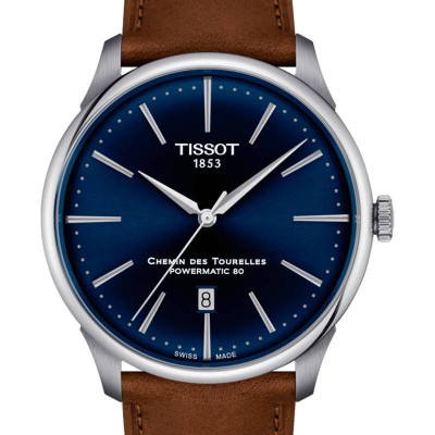 TISSOT T-CLASSIC CHEMIN DES TOURELLES POWERMATIC 80 CADRAN BLEU BRACELET CUIR MARRON 42 MM