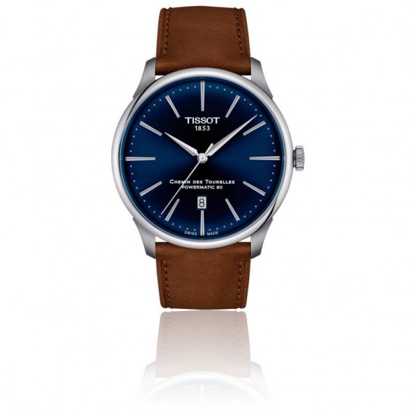 TISSOT T-CLASSIC CHEMIN DES TOURELLES POWERMATIC 80 CADRAN BLEU BRACELET CUIR MARRON 42 MM