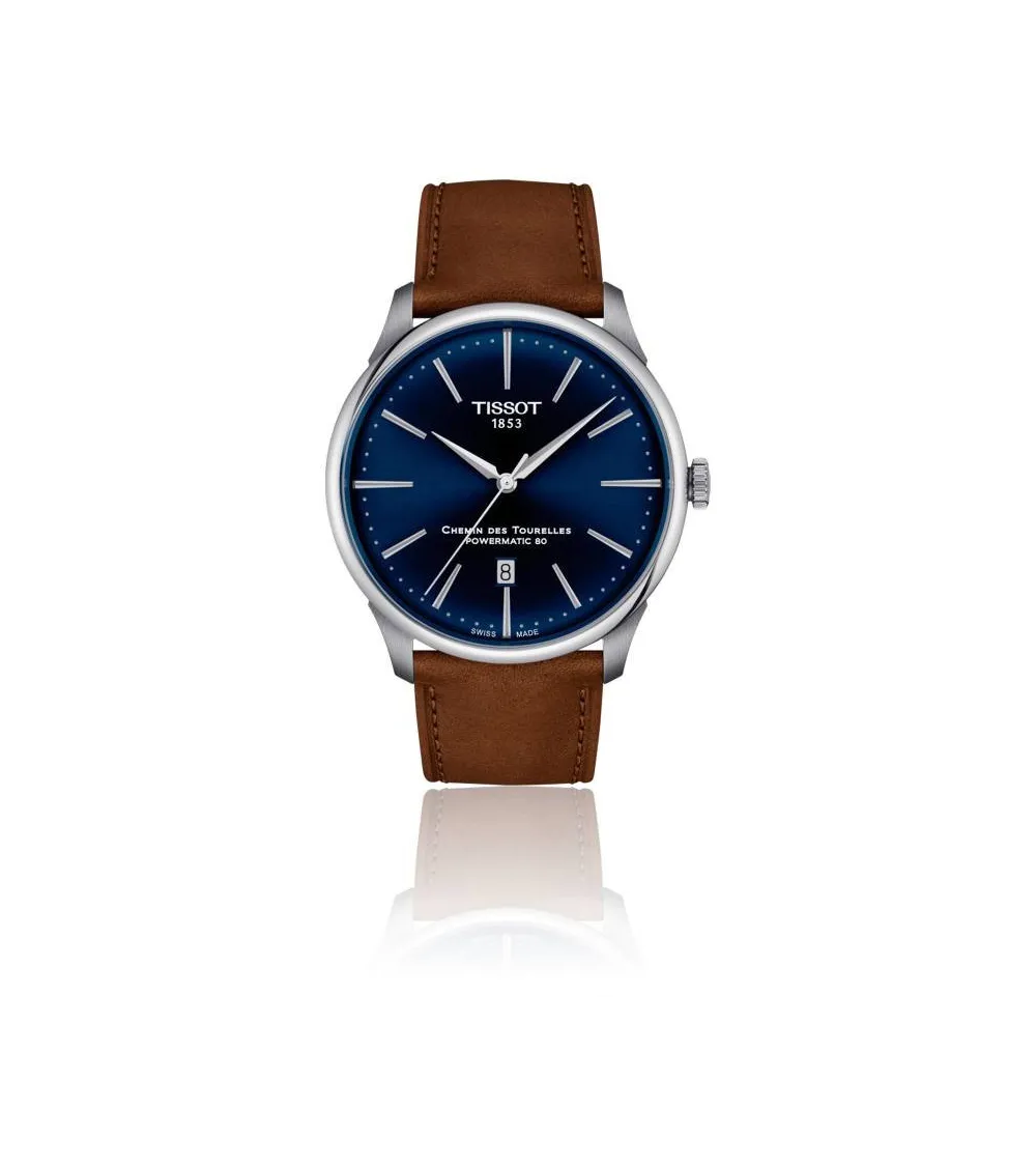 TISSOT T-CLASSIC CHEMIN DES TOURELLES POWERMATIC 80 CADRAN BLEU BRACELET CUIR MARRON 42 MM