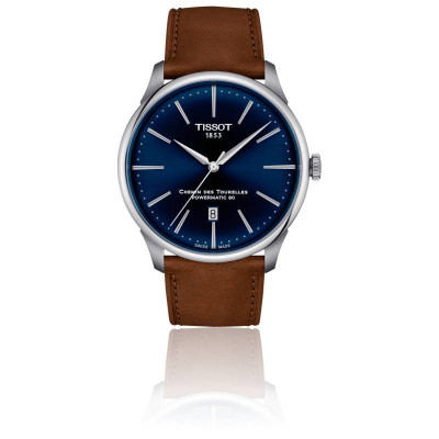 TISSOT T-CLASSIC CHEMIN DES TOURELLES POWERMATIC 80 CADRAN BLEU BRACELET CUIR MARRON 42 MM
