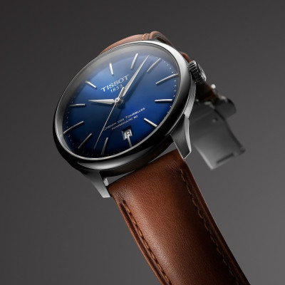 TISSOT T-CLASSIC CHEMIN DES TOURELLES POWERMATIC 80 CADRAN BLEU BRACELET CUIR MARRON 42 MM