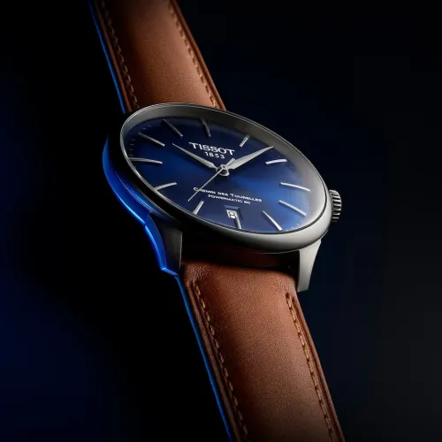 TISSOT T-CLASSIC CHEMIN DES TOURELLES POWERMATIC 80 CADRAN BLEU BRACELET CUIR MARRON 42 MM