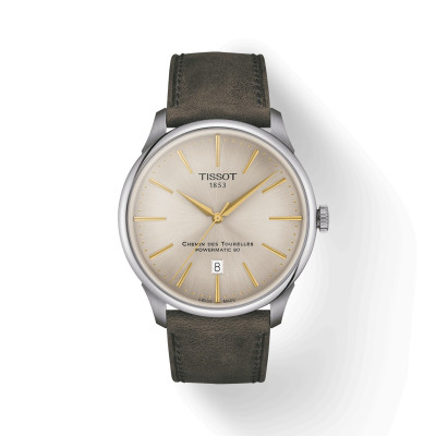 TISSOT T-CLASSIC CHEMIN DES TOURELLES POWERMATIC 80 CADRAN IVOIRE BRACELET CUIR VERT 42 MM