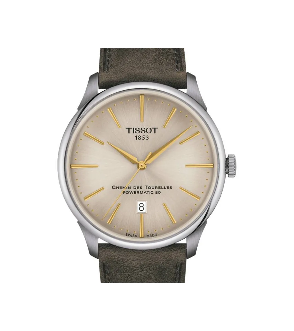 TISSOT T-CLASSIC CHEMIN DES TOURELLES POWERMATIC 80 CADRAN IVOIRE BRACELET CUIR VERT 42 MM