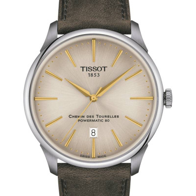 TISSOT T-CLASSIC CHEMIN DES TOURELLES POWERMATIC 80 CADRAN IVOIRE BRACELET CUIR VERT 42 MM