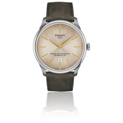 TISSOT T-CLASSIC CHEMIN DES TOURELLES POWERMATIC 80 CADRAN IVOIRE BRACELET CUIR VERT 42 MM