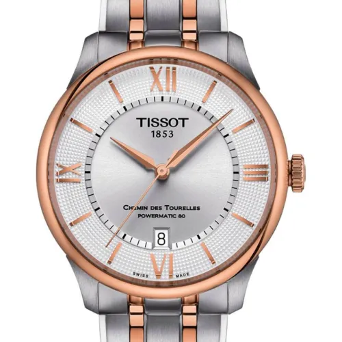 TISSOT T-CLASSIC CHEMIN DES TOURELLES POWERMATIC 80 CADRAN ARGENTÉ BICOLORE  BRACELET ACIER ET PVD OR ROSE 39 MM