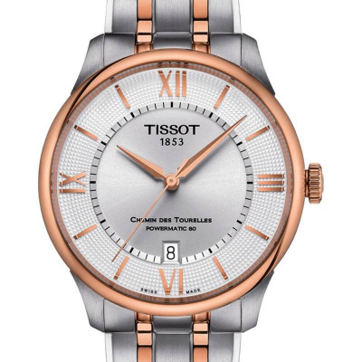 TISSOT T-CLASSIC CHEMIN DES TOURELLES POWERMATIC 80 CADRAN ARGENTÉ BICOLORE  BRACELET ACIER ET PVD OR ROSE 39 MM