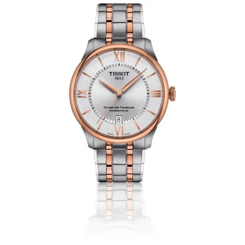 TISSOT T-CLASSIC CHEMIN DES TOURELLES POWERMATIC 80 CADRAN ARGENTÉ BICOLORE  BRACELET ACIER ET PVD OR ROSE 39 MM