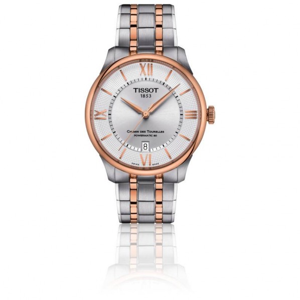 TISSOT T-CLASSIC CHEMIN DES TOURELLES POWERMATIC 80 CADRAN ARGENTÉ BICOLORE  BRACELET ACIER ET PVD OR ROSE 39 MM