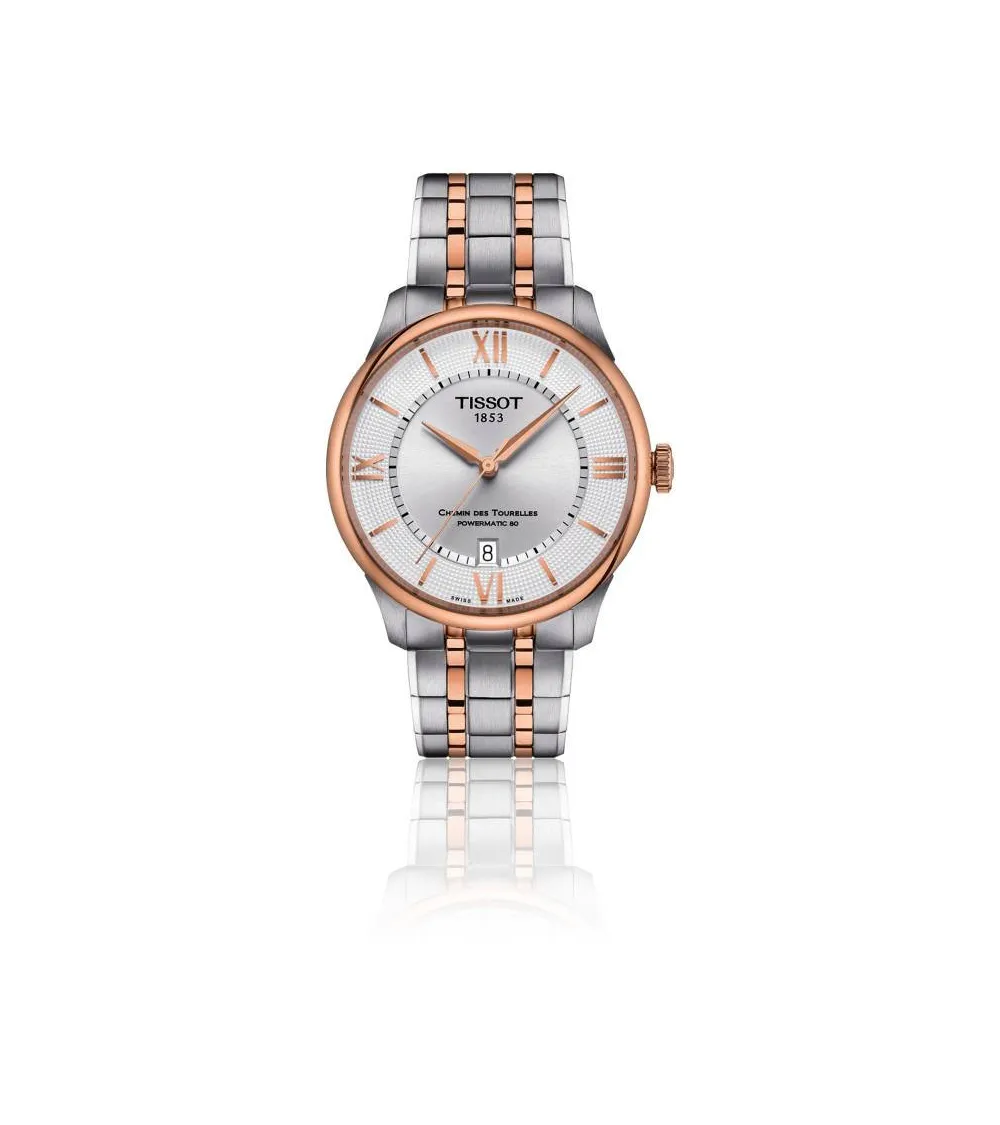 TISSOT T-CLASSIC CHEMIN DES TOURELLES POWERMATIC 80 CADRAN ARGENTÉ BICOLORE  BRACELET ACIER ET PVD OR ROSE 39 MM