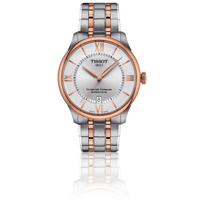 TISSOT T-CLASSIC CHEMIN DES TOURELLES POWERMATIC 80 CADRAN ARGENTÉ BICOLORE  BRACELET ACIER ET PVD OR ROSE 39 MM