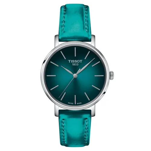 TISSOT T-CLASSIC EVERYTIME LADY QUARTZ CADRAN TURQUOISE  BRACELET CUIR BLEU 34 MM